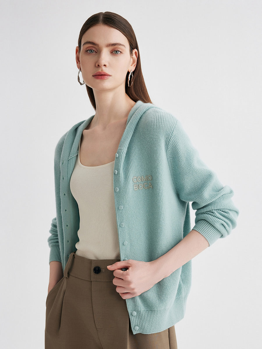 COMOBOCA 100% Cashmere Women's Button Up Knit Hoodie