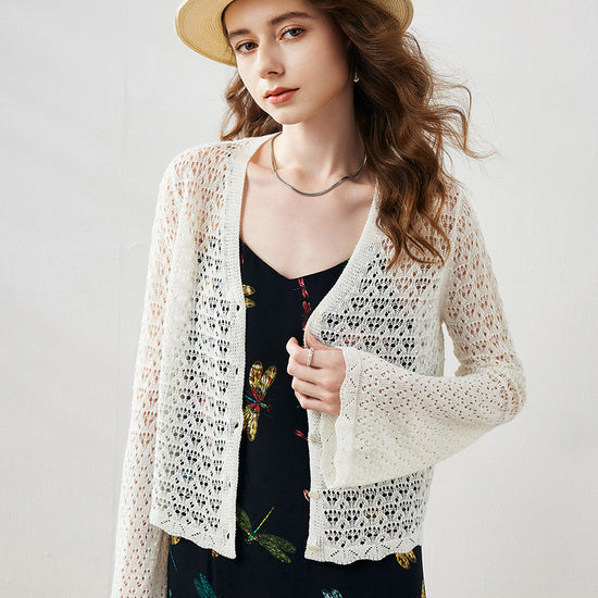 COMOBOCA Women's Bell Sleeve Lace Knit Cardigan