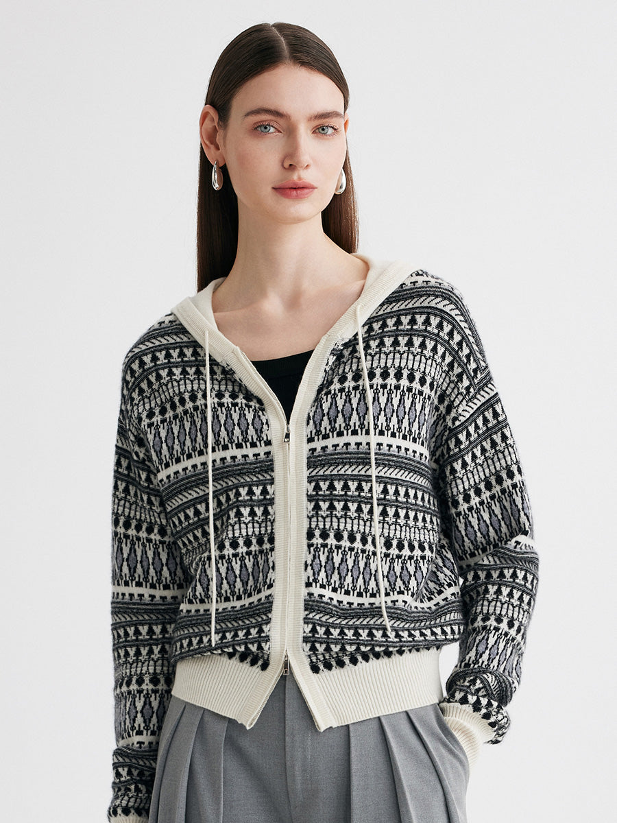COMOBOCA 100% Cashmere Women's Fair Isle Double Zip Hoodie