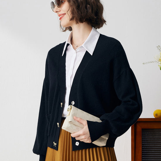 COMOBOCA 100% Cashmere Women's Puff Sleeve Knit Cardigan