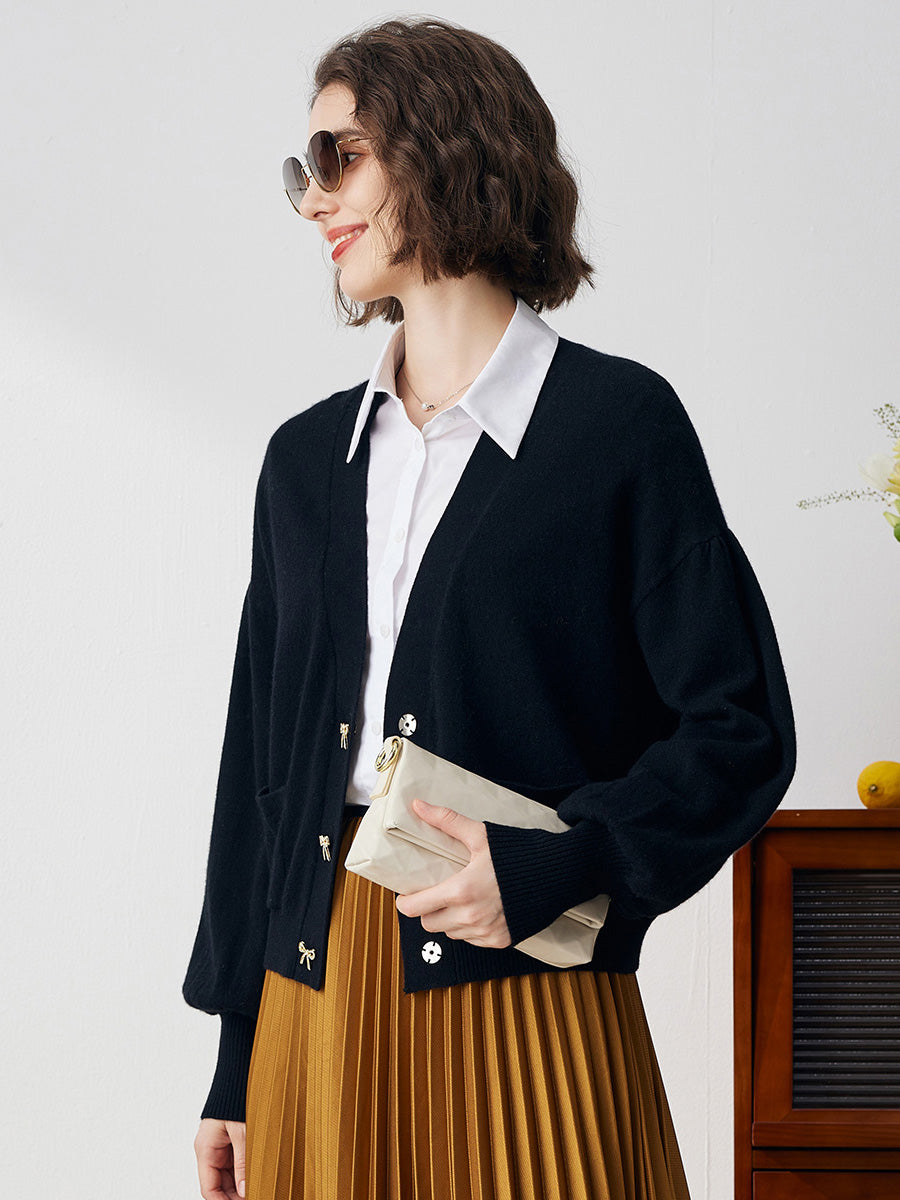 COMOBOCA 100% Cashmere Women's Puff Sleeve Knit Cardigan