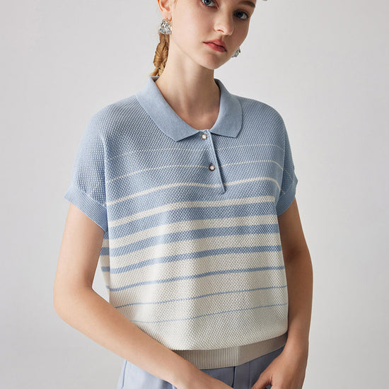 COMOBOCA Women's Striped Polo Knit T-Shirt