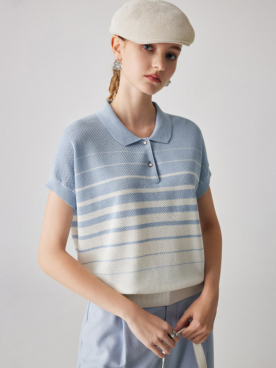 COMOBOCA Women's Striped Polo Knit T-Shirt