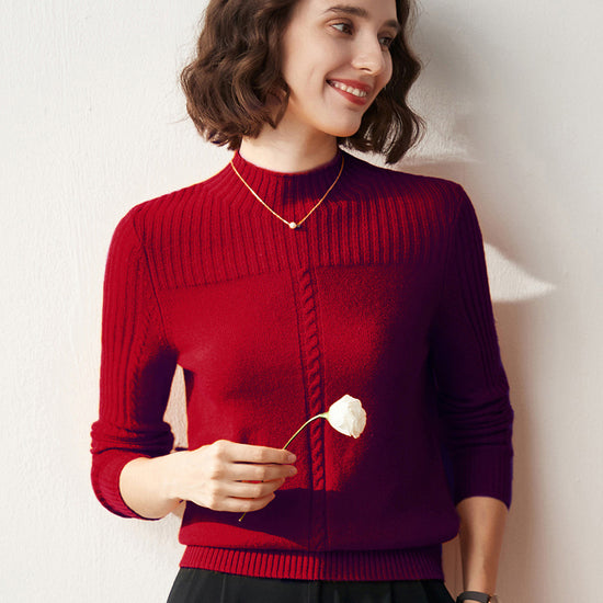 COMOBOCA RED 100% Cashmere Women's Mock Neck Cable Knit Sweater