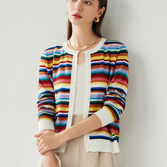 COMOBOCA Women's Ribbed Rainbow Striped Knit Cardigan