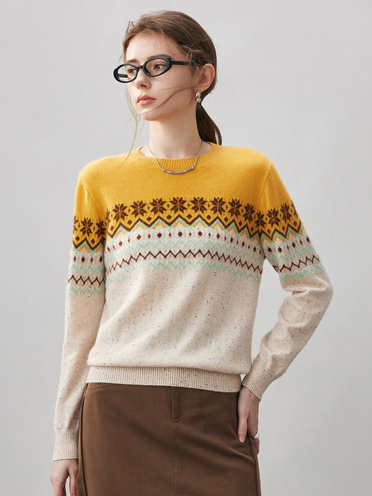 COMOBOCA Beige 100% Cashmere Women's Fair Isle Round Neck Knit Sweater