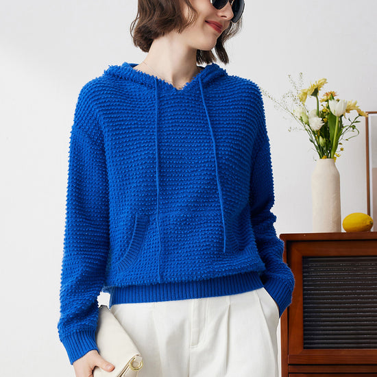 COMOBOCA Blue 100% Cashmere Women's Textured Knit Pocket Hoodie