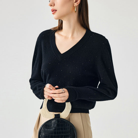 COMOBOCA Black 100% Cashmere Women's Sweater with Crystal Embellishments