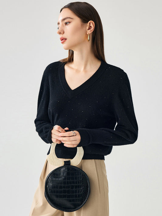 COMOBOCA Black 100% Cashmere Women's Sweater with Crystal Embellishments