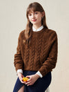 COMOBOCA Brown 100% Wool Women's Cozy Cable Knit Sweater