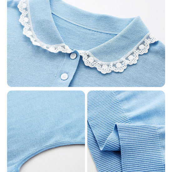 COMOBOCA Women's Lace Trim Collar Knit Polo T-Shirt
