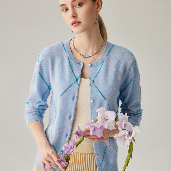 COMOBOCA 100% Cashmere Women's Diamond Patterned Pearl Button Cardigan