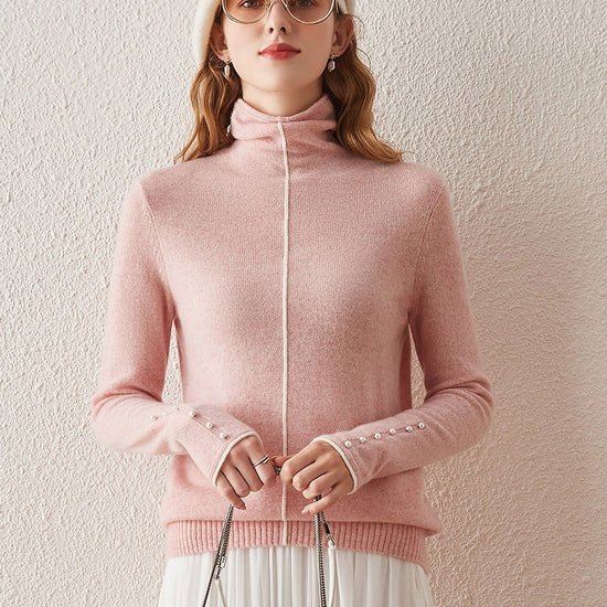 COMOBOCA Pink 100% Cashmere Women's Pearl Buttoned Sweater