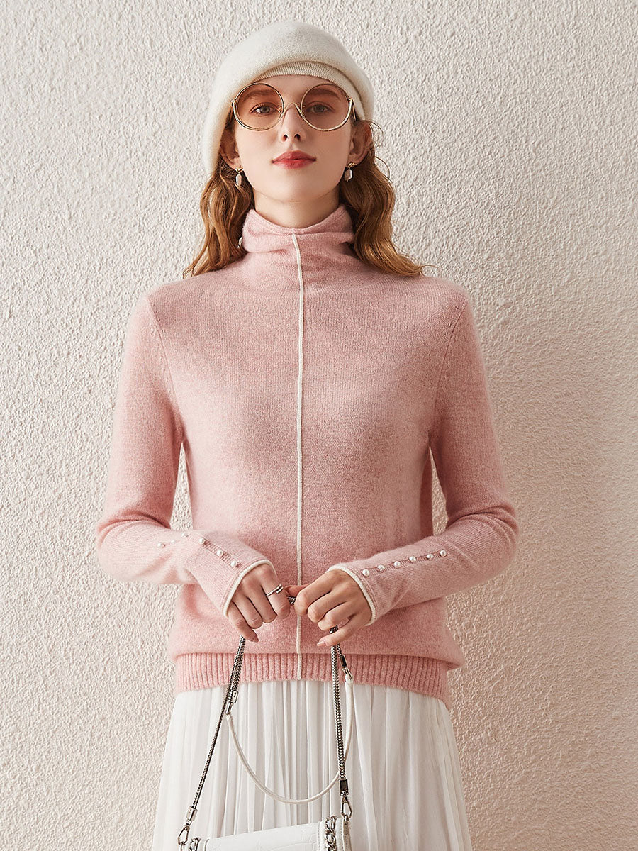 COMOBOCA Pink 100% Cashmere Women's Pearl Buttoned Sweater