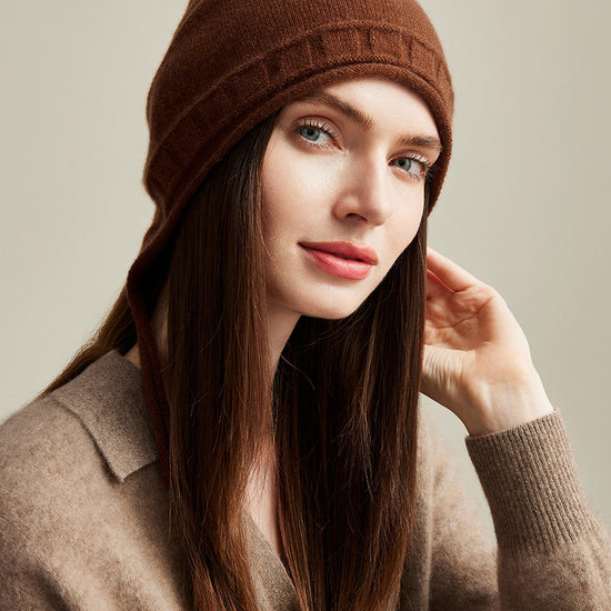 COMOBOCA 100% Cashmere Women's Knit Beanie with Ties