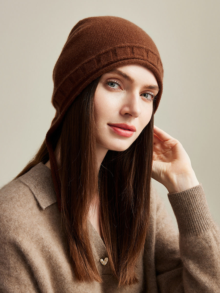 COMOBOCA 100% Cashmere Women's Knit Beanie with Ties