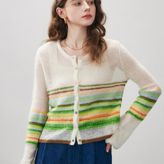 COMOBOCA Women's Rainbow Striped Button Down Cardigan