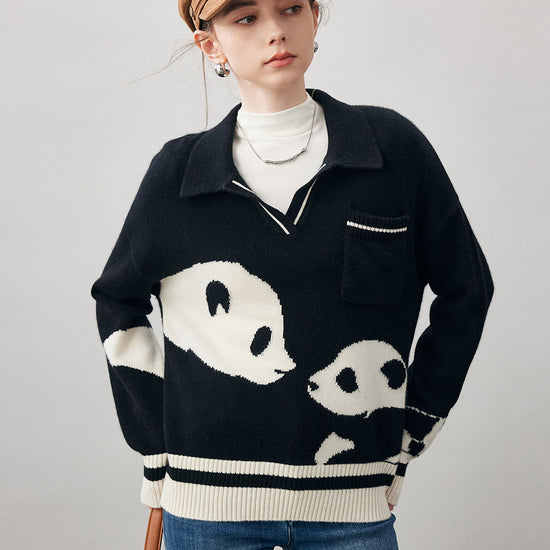 COMOBOCA Black 100% Cashmere Women's Panda Pattern Polo Collar Sweater