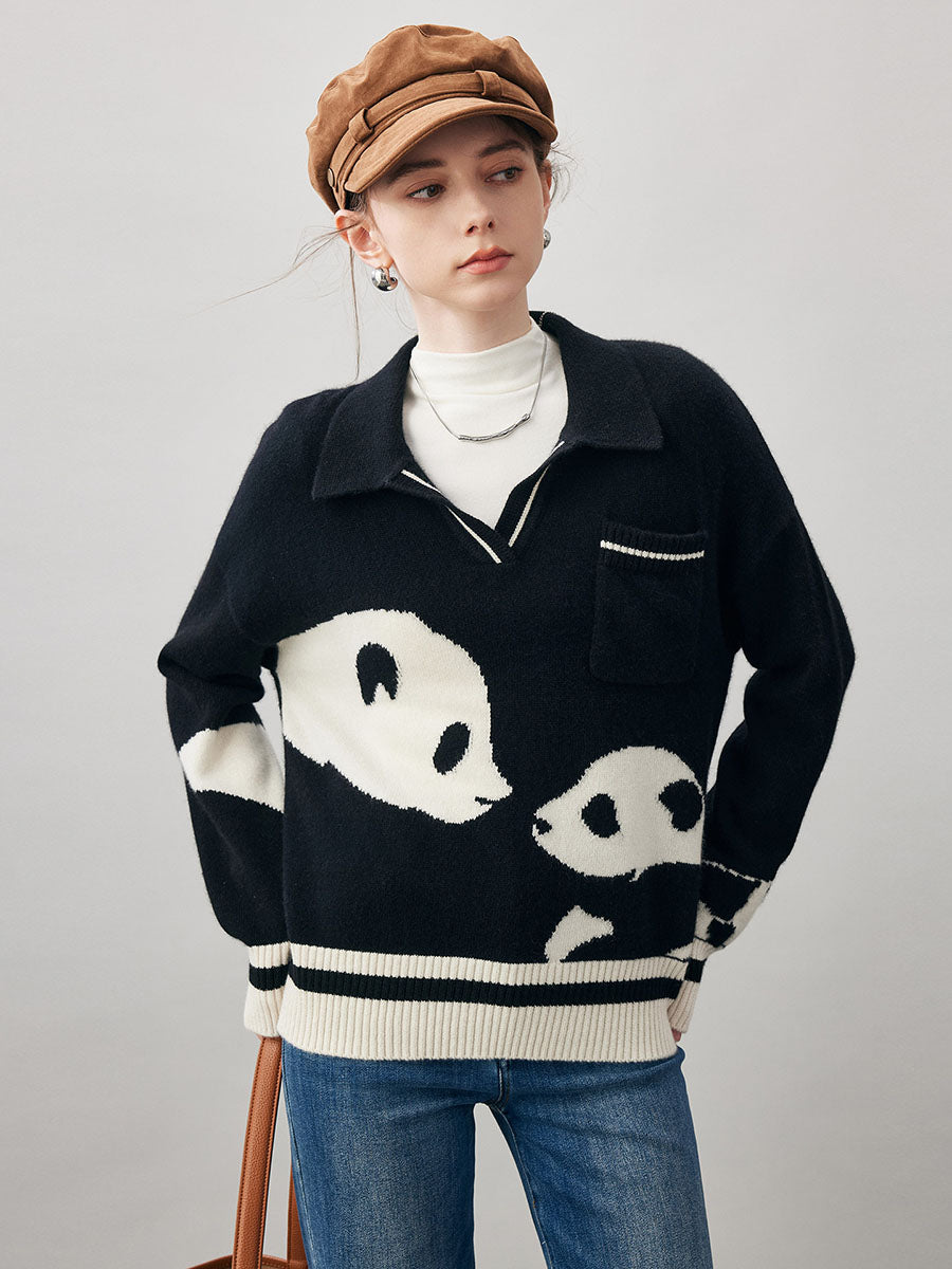 COMOBOCA Black 100% Cashmere Women's Panda Pattern Polo Collar Sweater