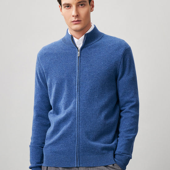 COMOBOCA Blue 100% Cashmere Men's Full Zip Mock Neck Knit Cardigan