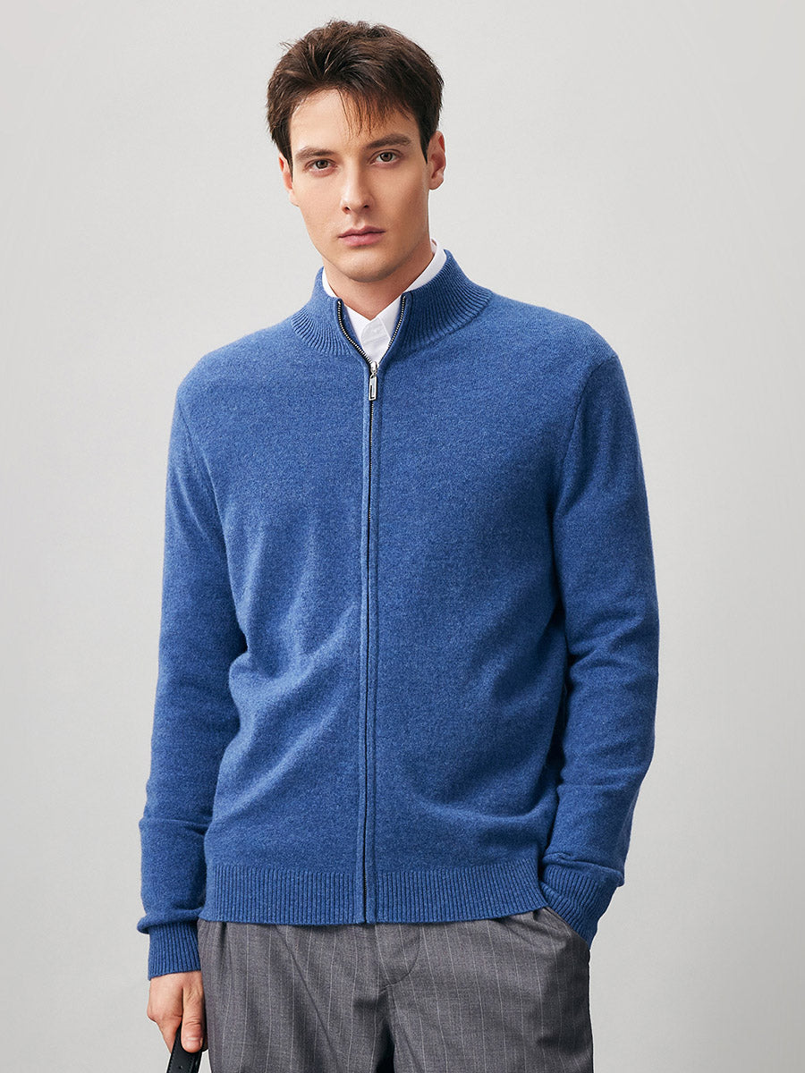 COMOBOCA Blue 100% Cashmere Men's Full Zip Mock Neck Knit Cardigan