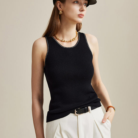 COMOBOCA Black 100% Wool Women's Sleek Ribbed Knit Tank Top