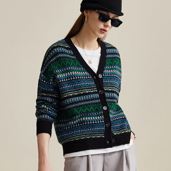 COMOBOCA 100% Wool Women's Fair Isle Patterned Cardigan