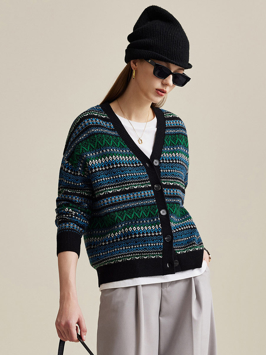COMOBOCA 100% Wool Women's Fair Isle Patterned Cardigan