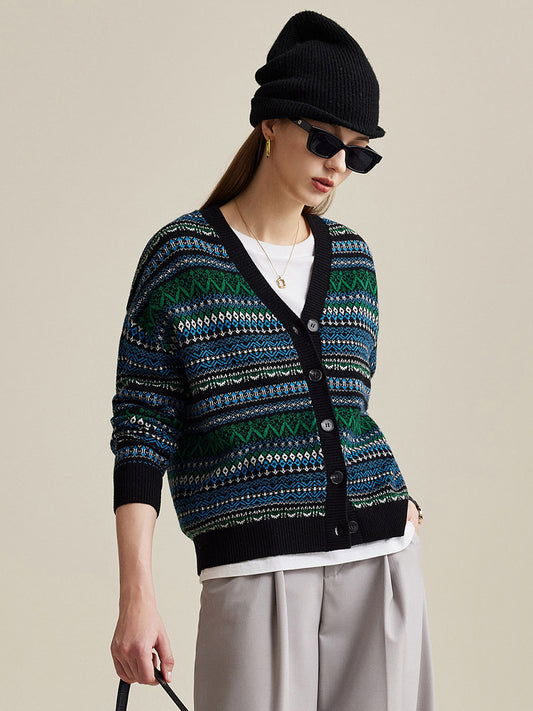 COMOBOCA 100% Wool Women's Fair Isle Patterned Cardigan