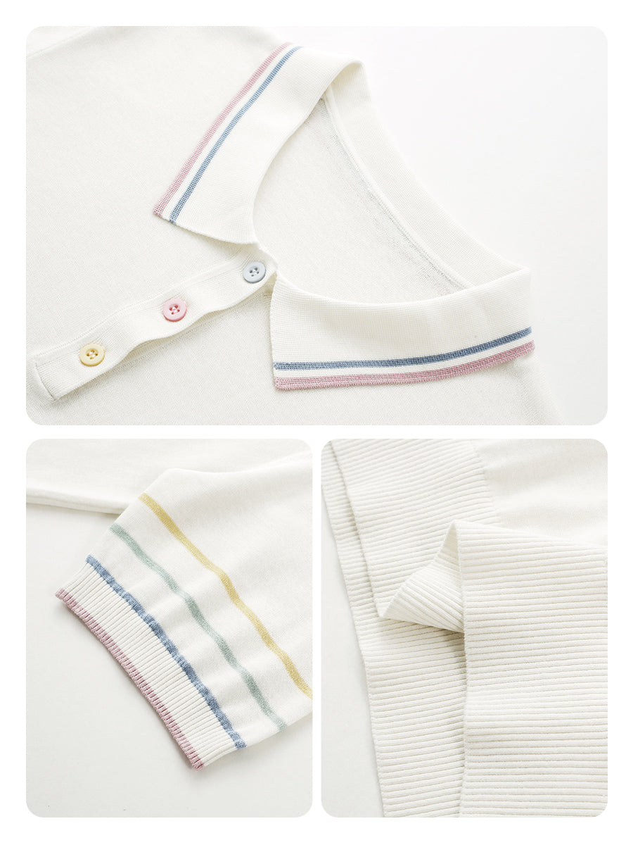 COMOBOCA Women's Knit Polo Top with Rainbow Stripes