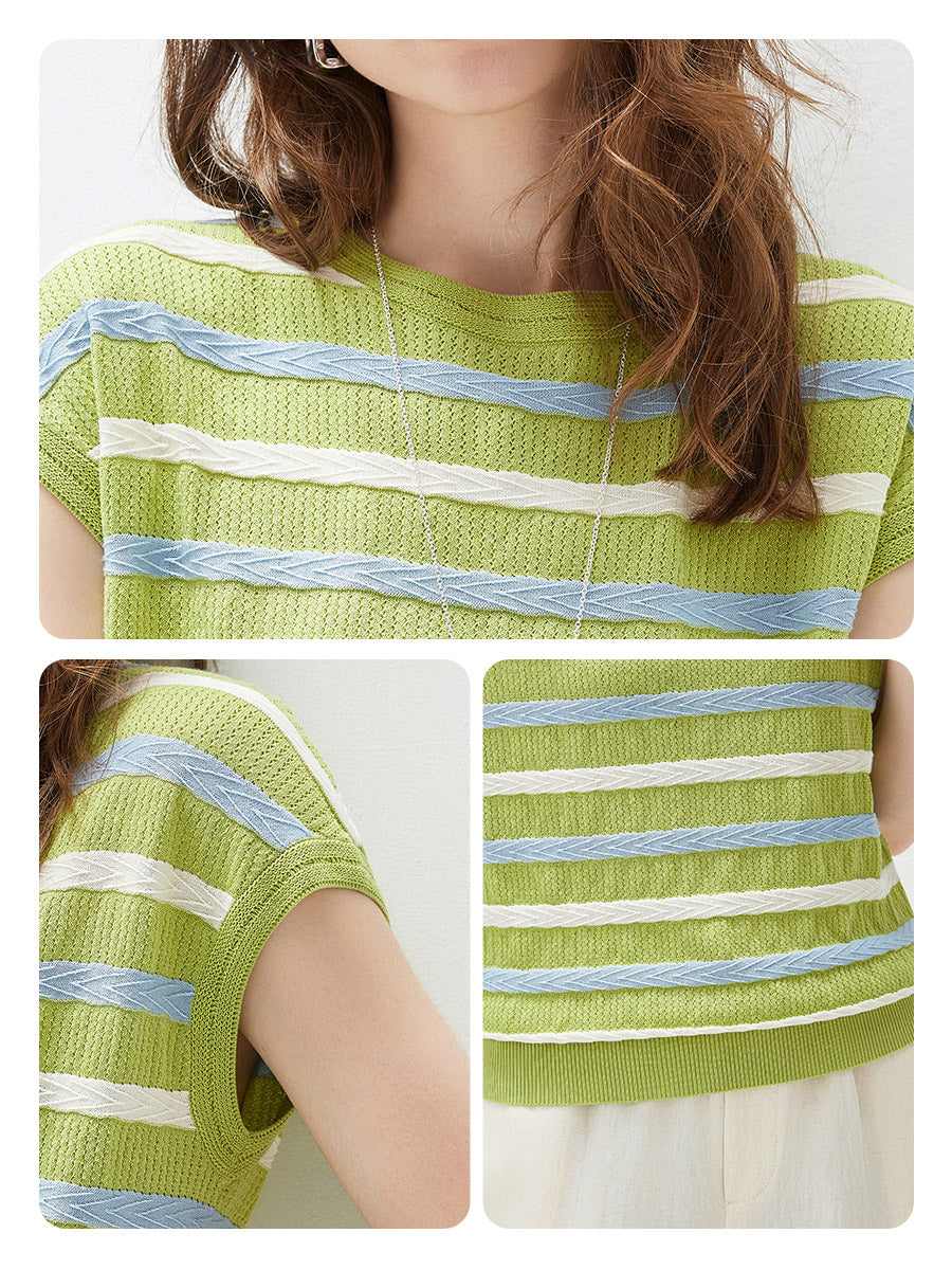 COMOBOCA Women's Striped Knit Cap Sleeve T-Shirt