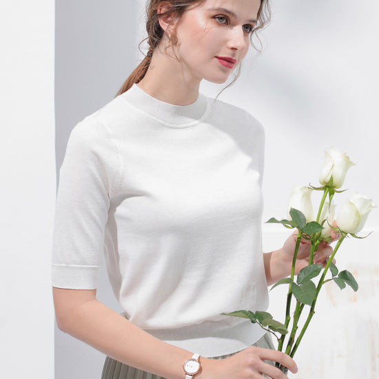 COMOBOCA Women's Short Sleeve Mock Neck Knit Sweater