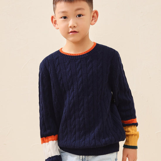 COMOBOCA 100% Wool Kids' Cable Knit Sweater with Color Block Detail