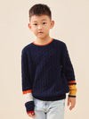 COMOBOCA 100% Wool Kids' Cable Knit Sweater with Color Block Detail