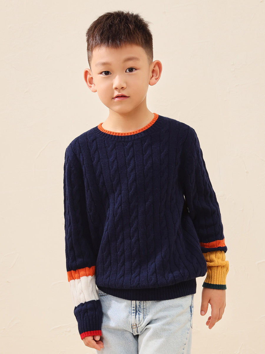 COMOBOCA 100% Wool Kids' Cable Knit Sweater with Color Block Detail