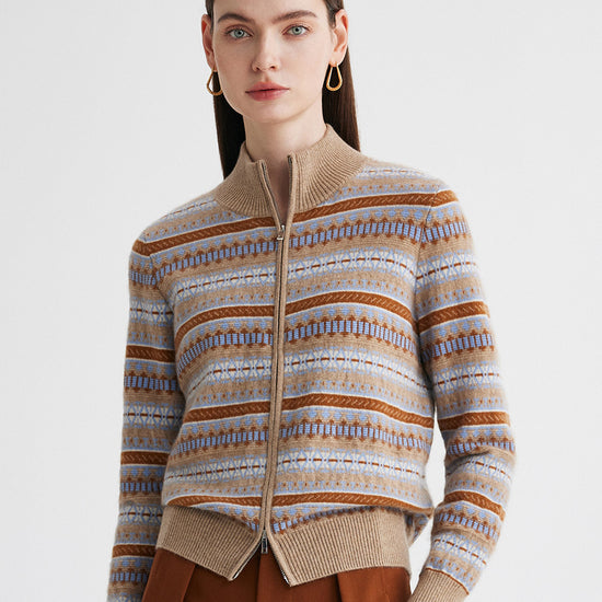 COMOBOCA 100% Cashmere Women's Fair Isle Double Zip Cardigan