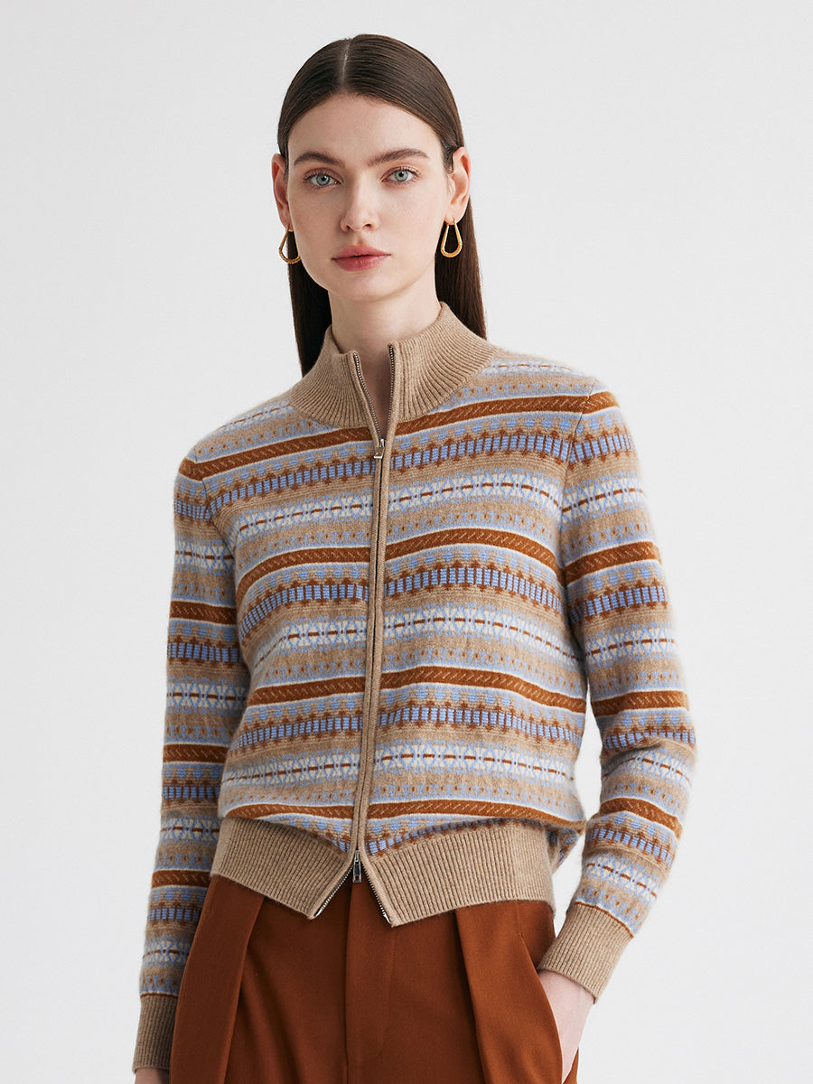 COMOBOCA 100% Cashmere Women's Fair Isle Double Zip Cardigan
