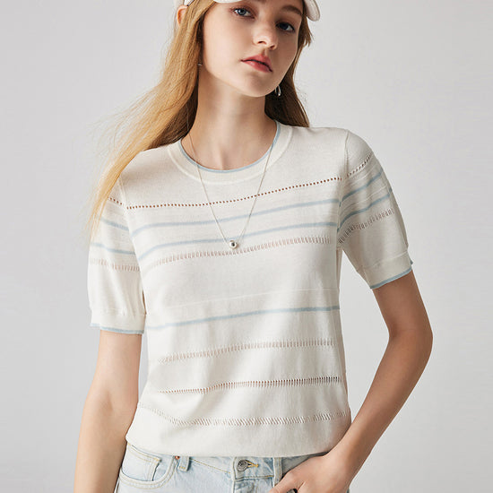 COMOBOCA White Women's Relaxed Fit Striped Knit T-Shirt
