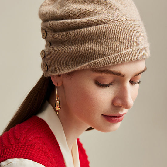 COMOBOCA 100% Cashmere Women's Button Decorated Knit Beanie
