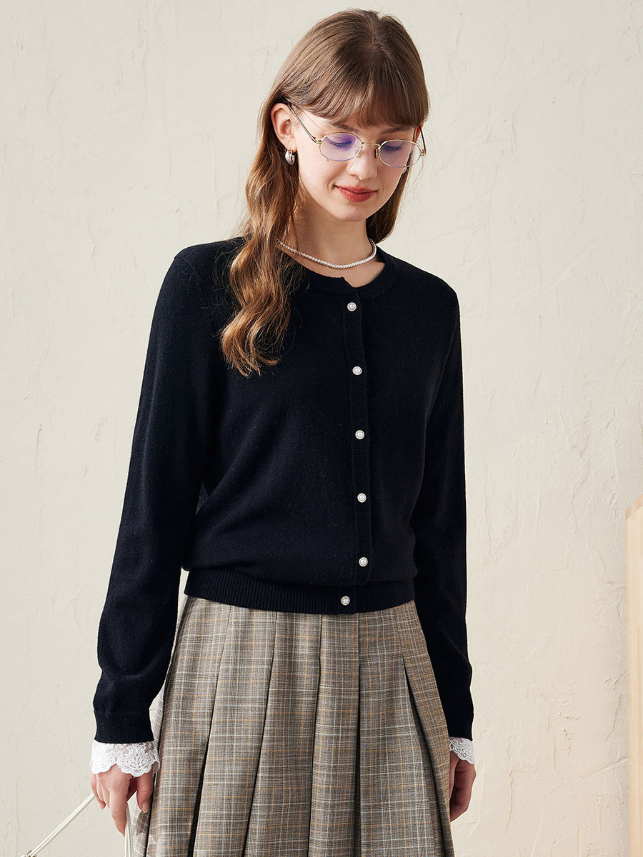 COMOBOCA 100% Wool Ribbed Extra Size Cardigan with Lace Cuffs