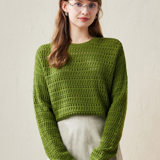 COMOBOCA Green 100% Wool Women's Soft Knit Lace Sweater