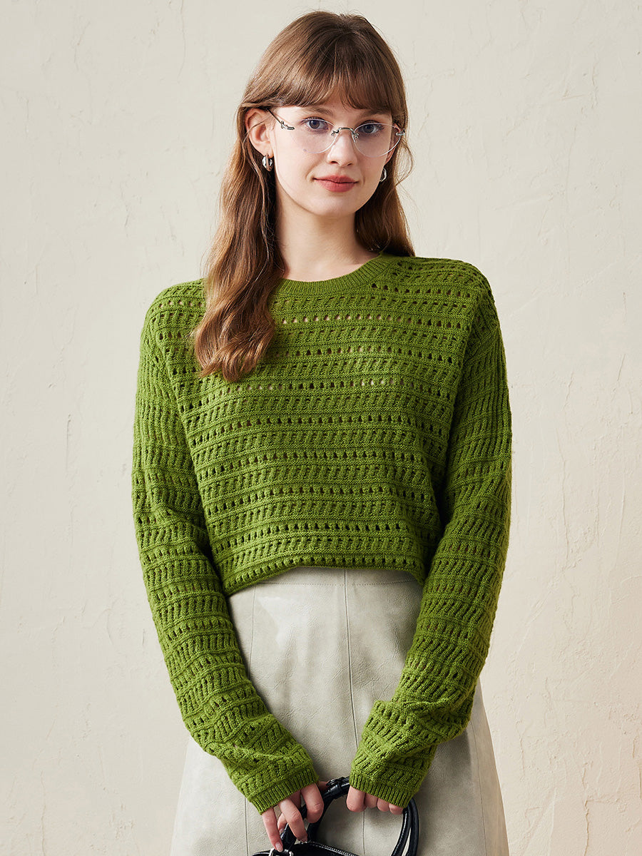 COMOBOCA Green 100% Wool Women's Soft Knit Lace Sweater
