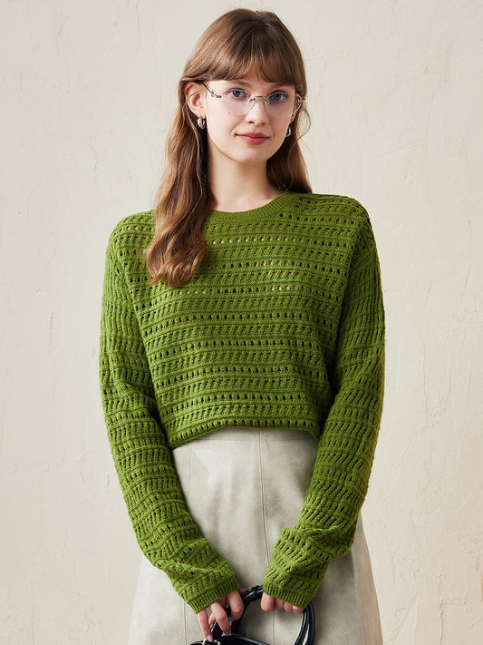 COMOBOCA Green 100% Wool Women's Soft Knit Lace Sweater