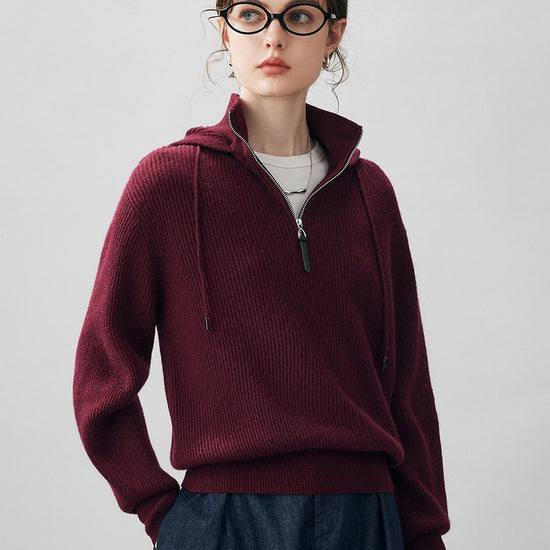 COMOBOCA Burgundy 100% Cashmere Women's Ribbed Knit Hoodie