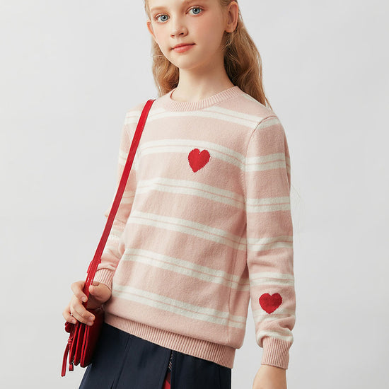 COMOBOCA 100% Wool Kids' Striped Heart Round Neck Sweater