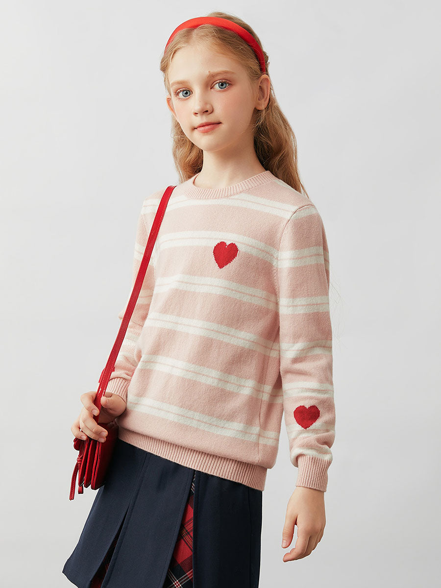 COMOBOCA 100% Wool Kids' Striped Heart Round Neck Sweater