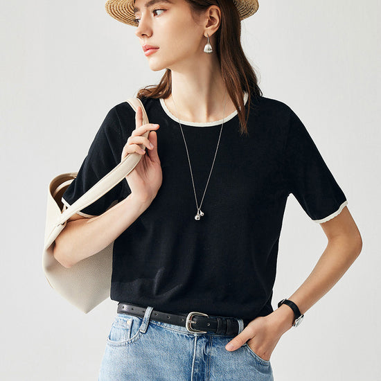COMOBOCA Black Women's Contrast Trim Knit T-Shirt