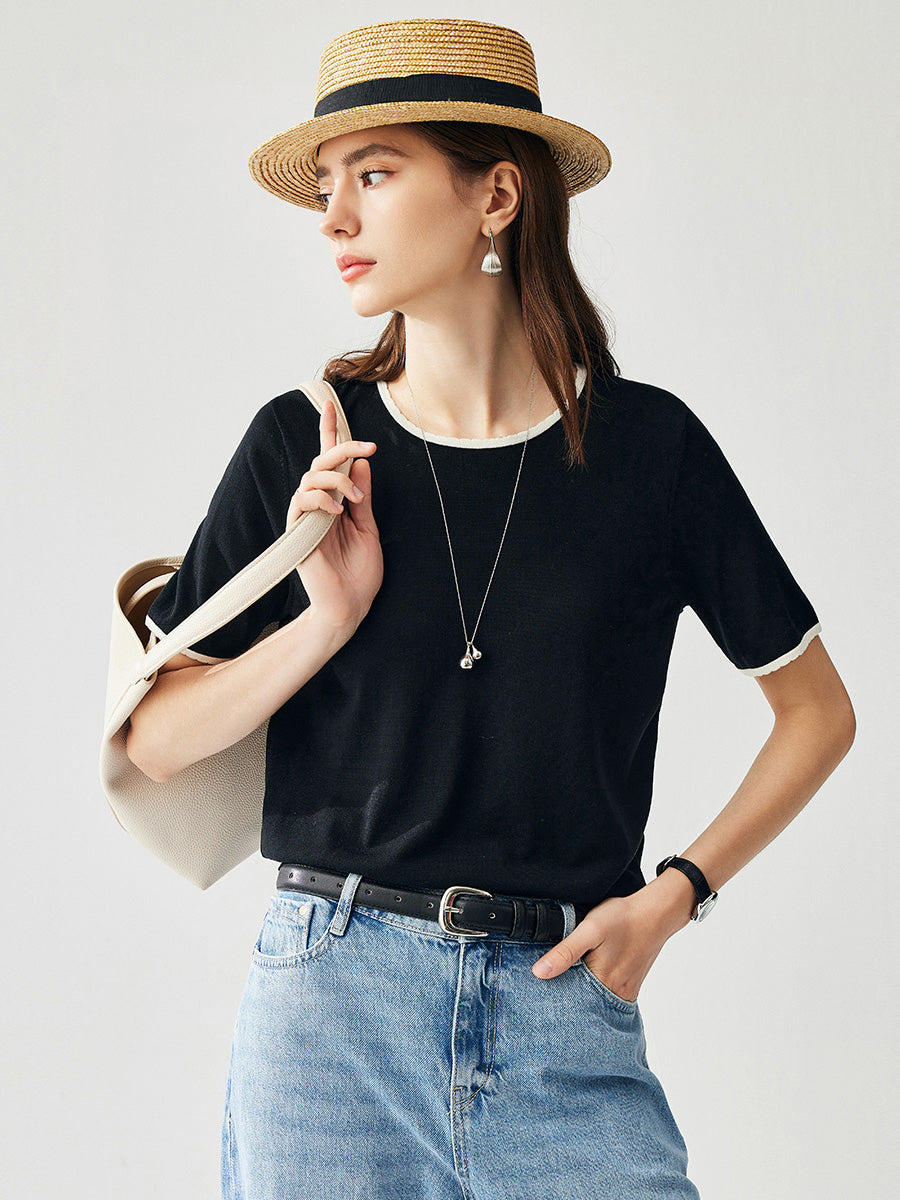 COMOBOCA Black Women's Contrast Trim Knit T-Shirt