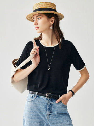 COMOBOCA Black Women's Contrast Trim Knit T-Shirt