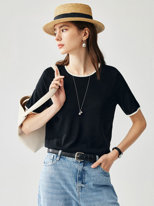COMOBOCA Black Women's Contrast Trim Knit T-Shirt